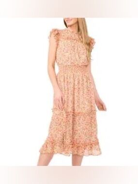 CeCe Peach Floral Ruffle Midi Dress